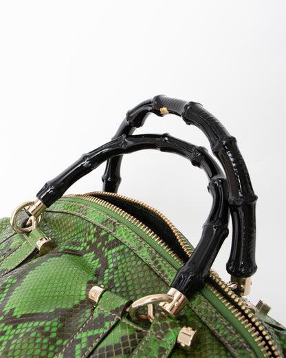 00s Gucci Green Python Pop Handbag with Bamboo Handle