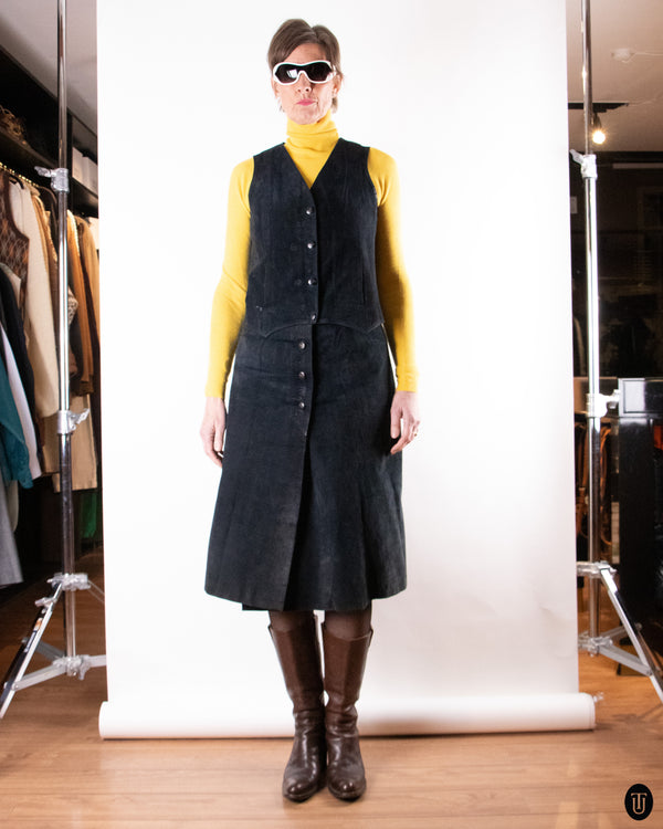 70's Céline Black Suede Two-piece Set M