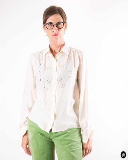 60's Silk Floral Cut-Out Blouse S