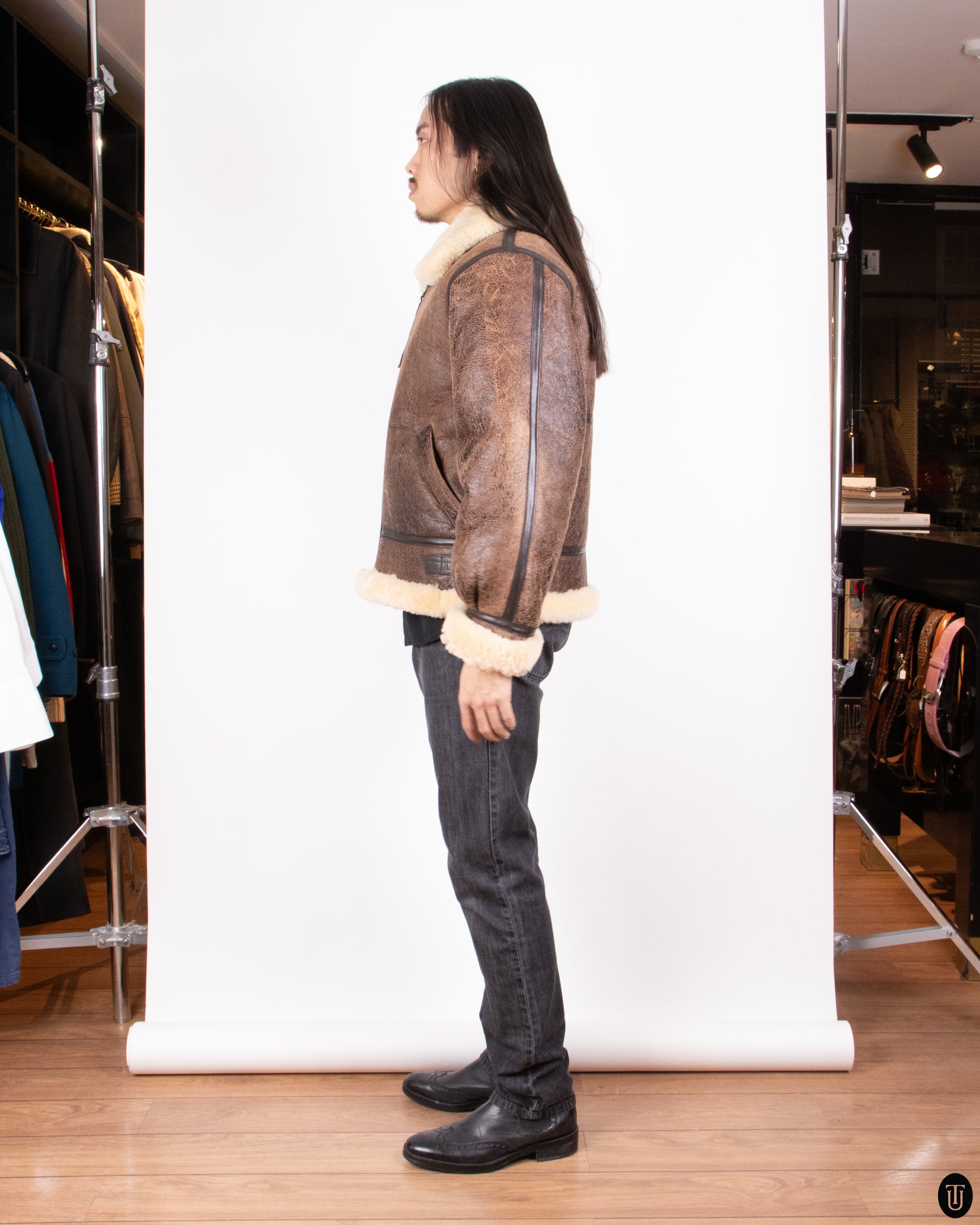 80s Brown Shearling Aviator Jacket L