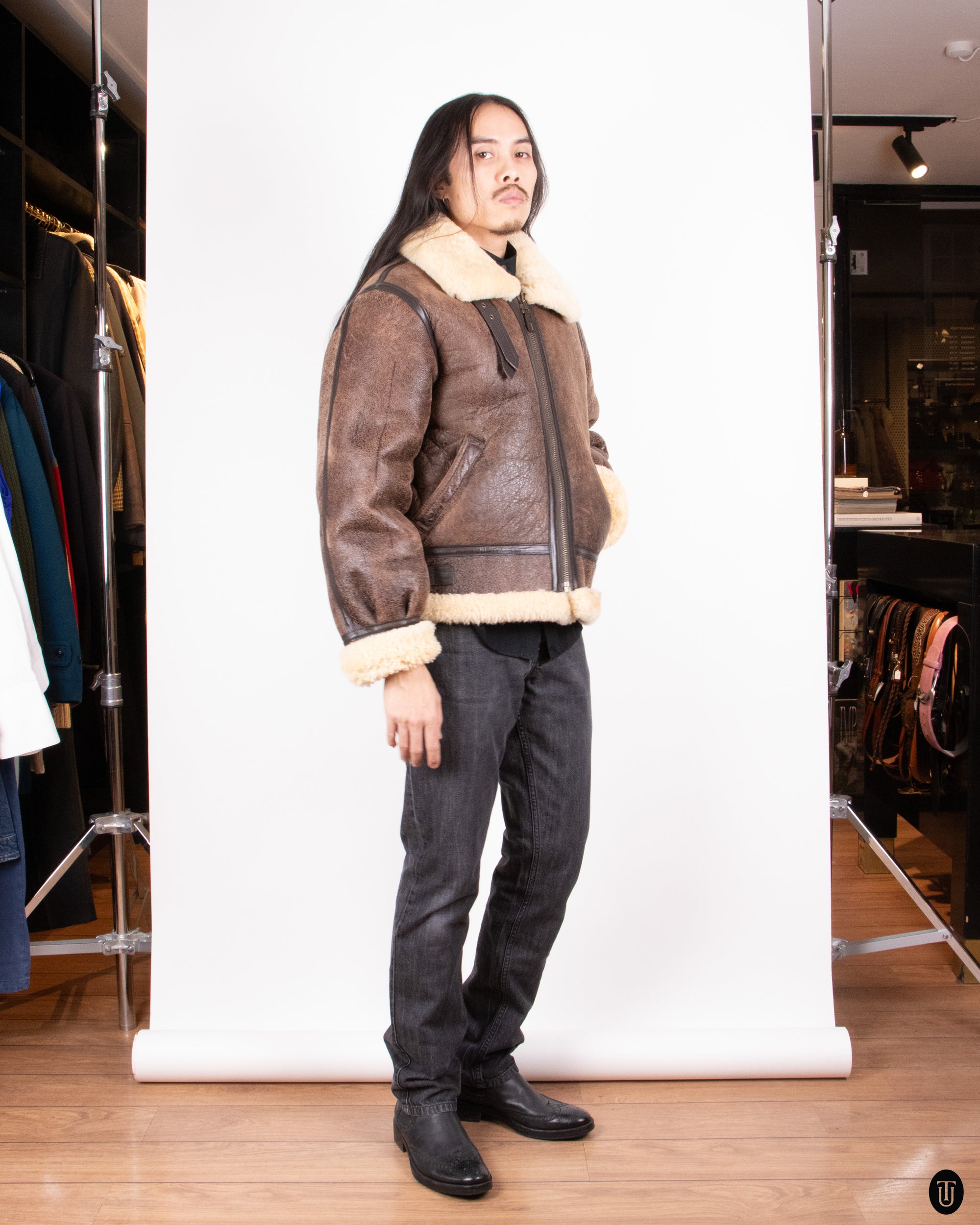 80s Brown Shearling Aviator Jacket L