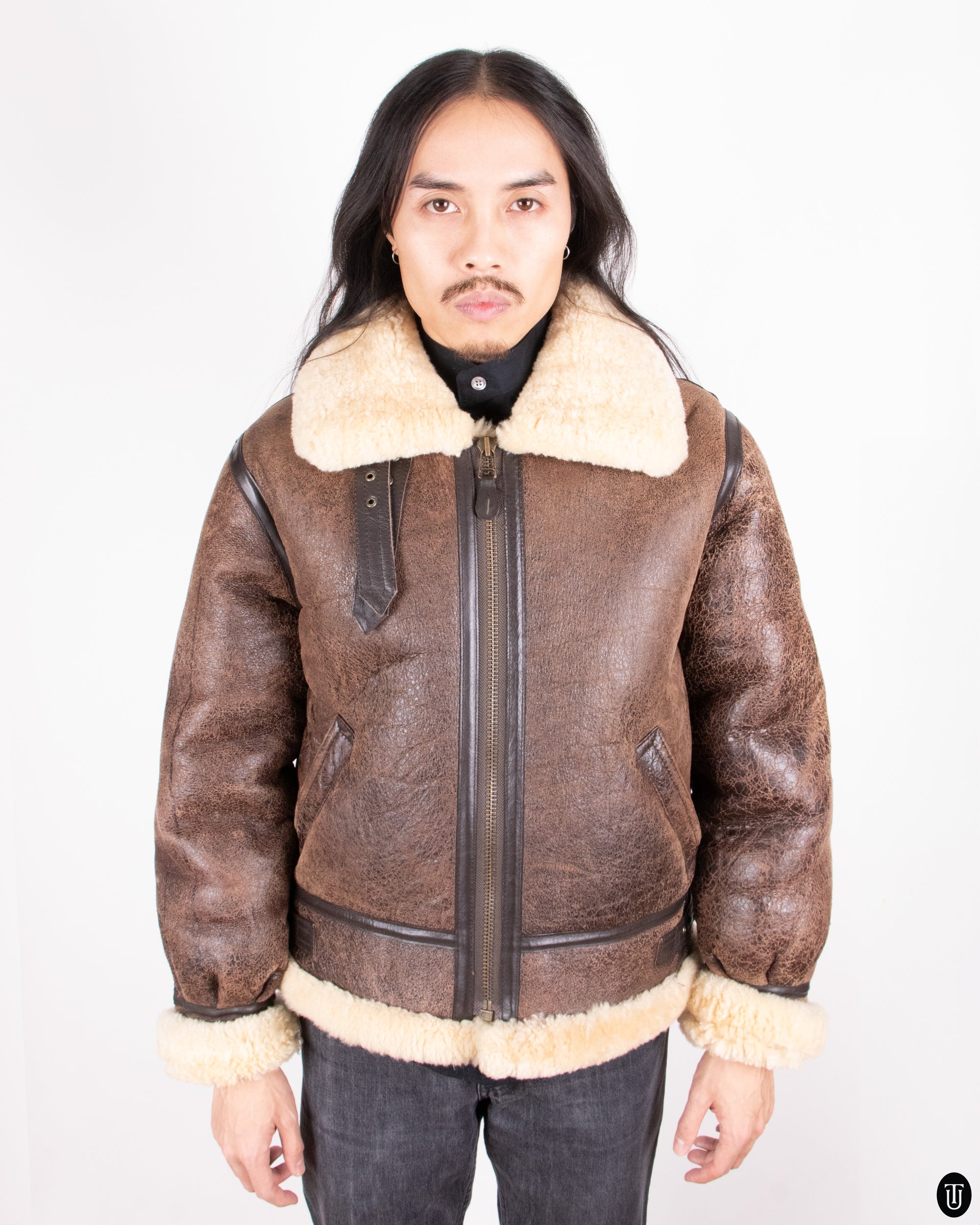 80s Brown Shearling Aviator Jacket L