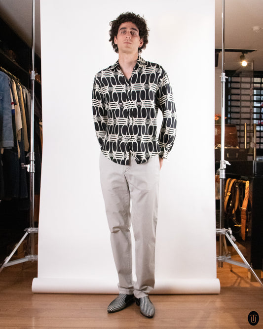 70's Gucci Horse-Buckle Print Silk Shirt L