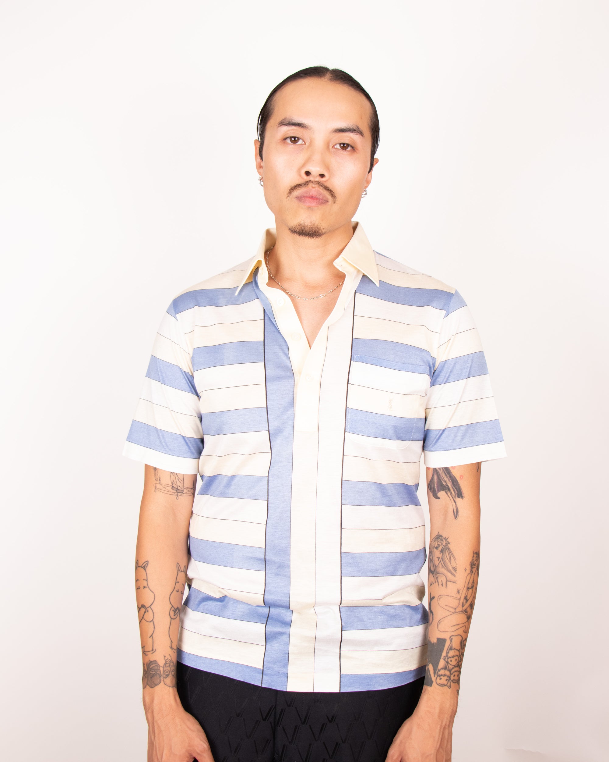 1980s Yves Saint Laurent Striped Cotton Polo T-shirt S/M
