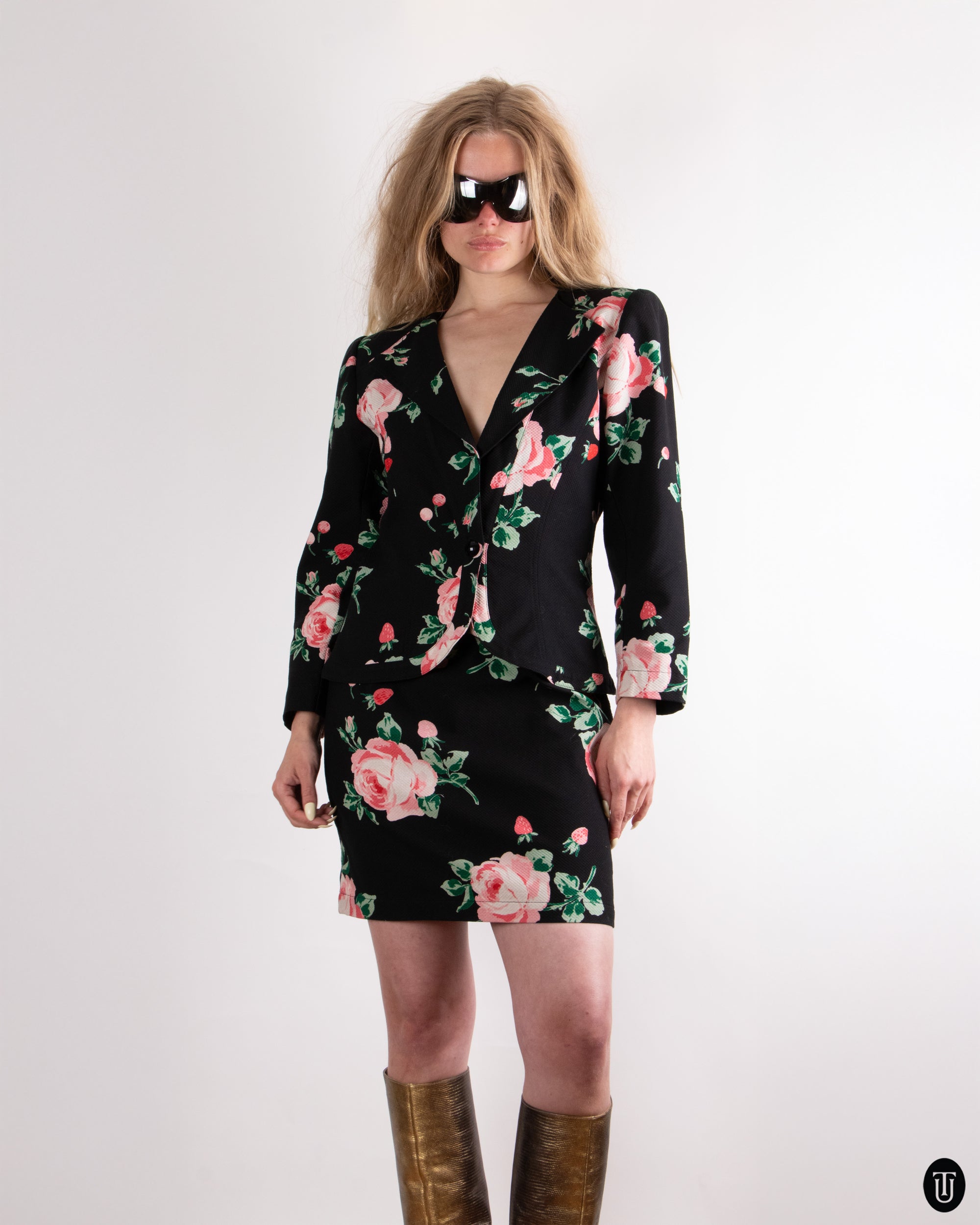 80s Ungaro Rose Print Skirt Suit S