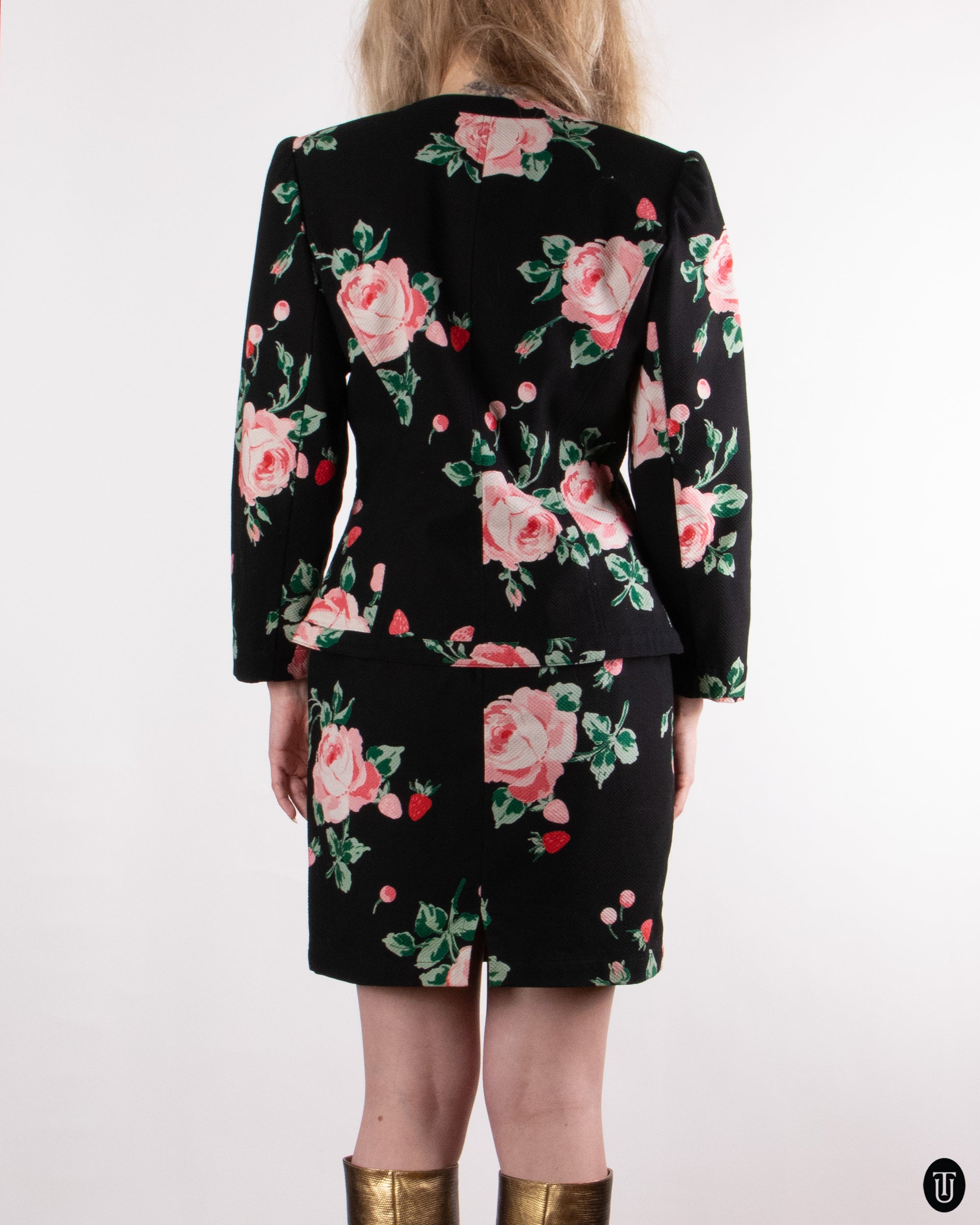 80s Ungaro Rose Print Skirt Suit S