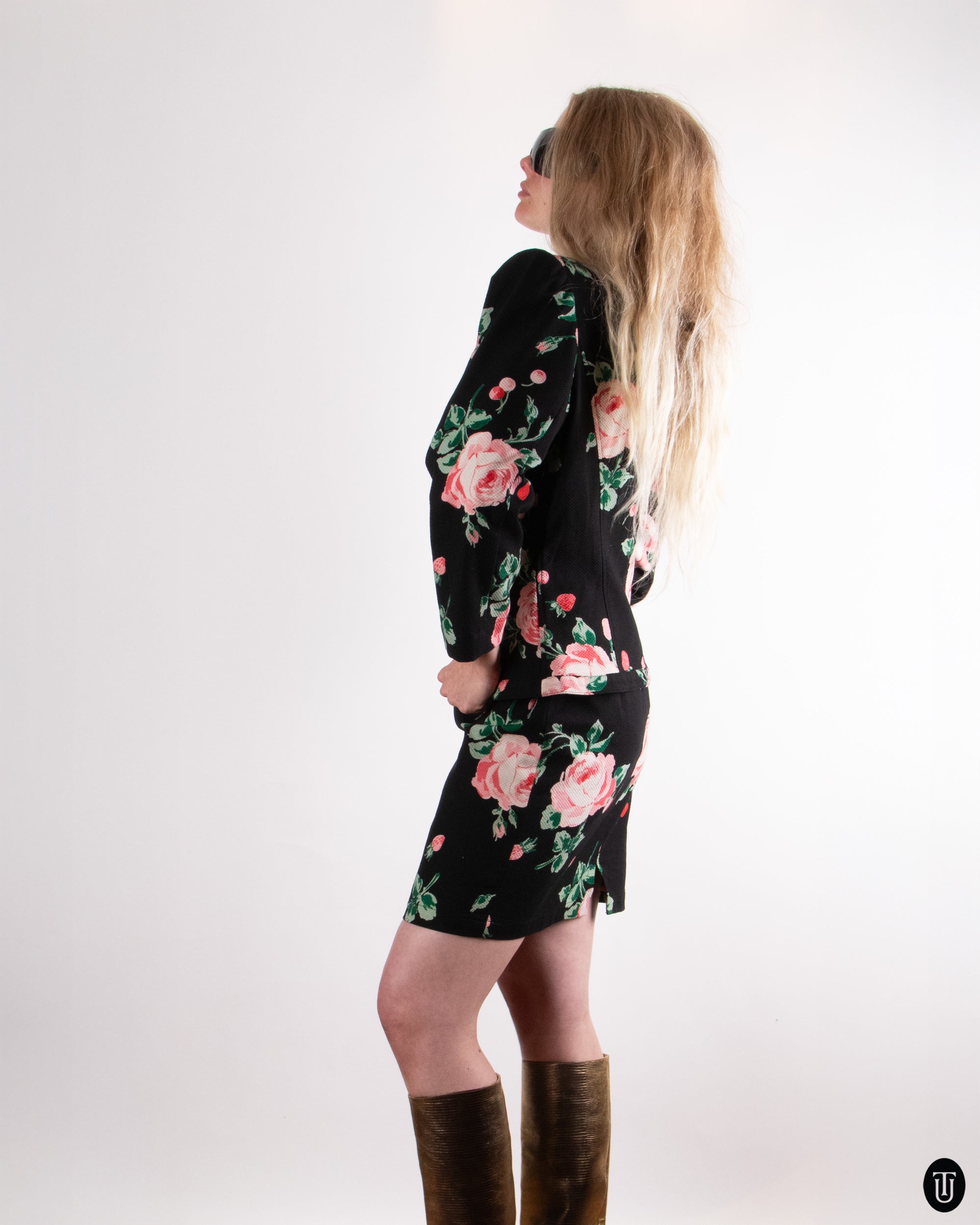 80s Ungaro Rose Print Skirt Suit S