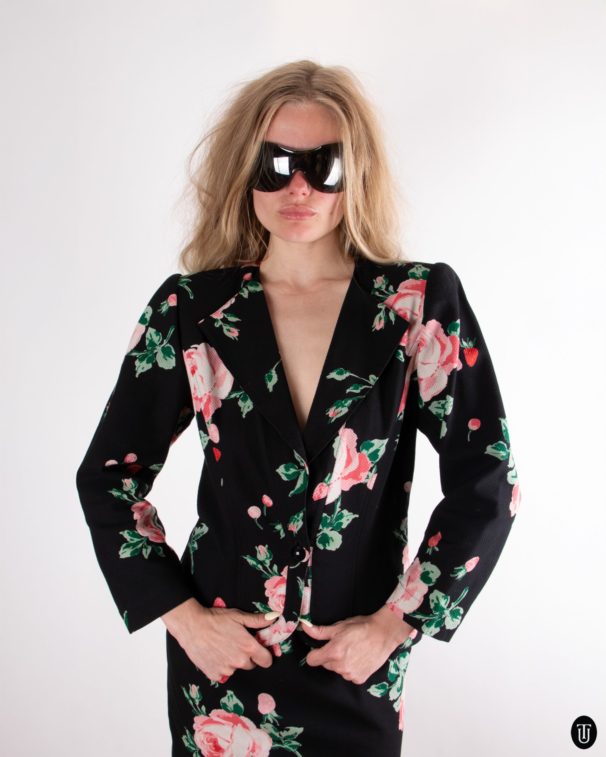 80s Ungaro Rose Print Skirt Suit S