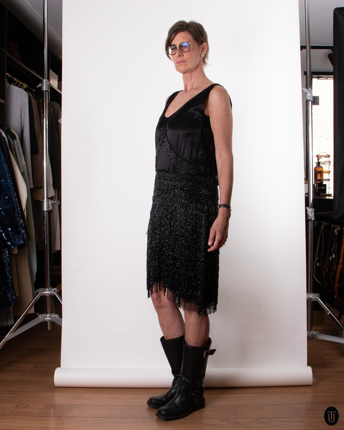 20's Black Fringed Flapper Dress L