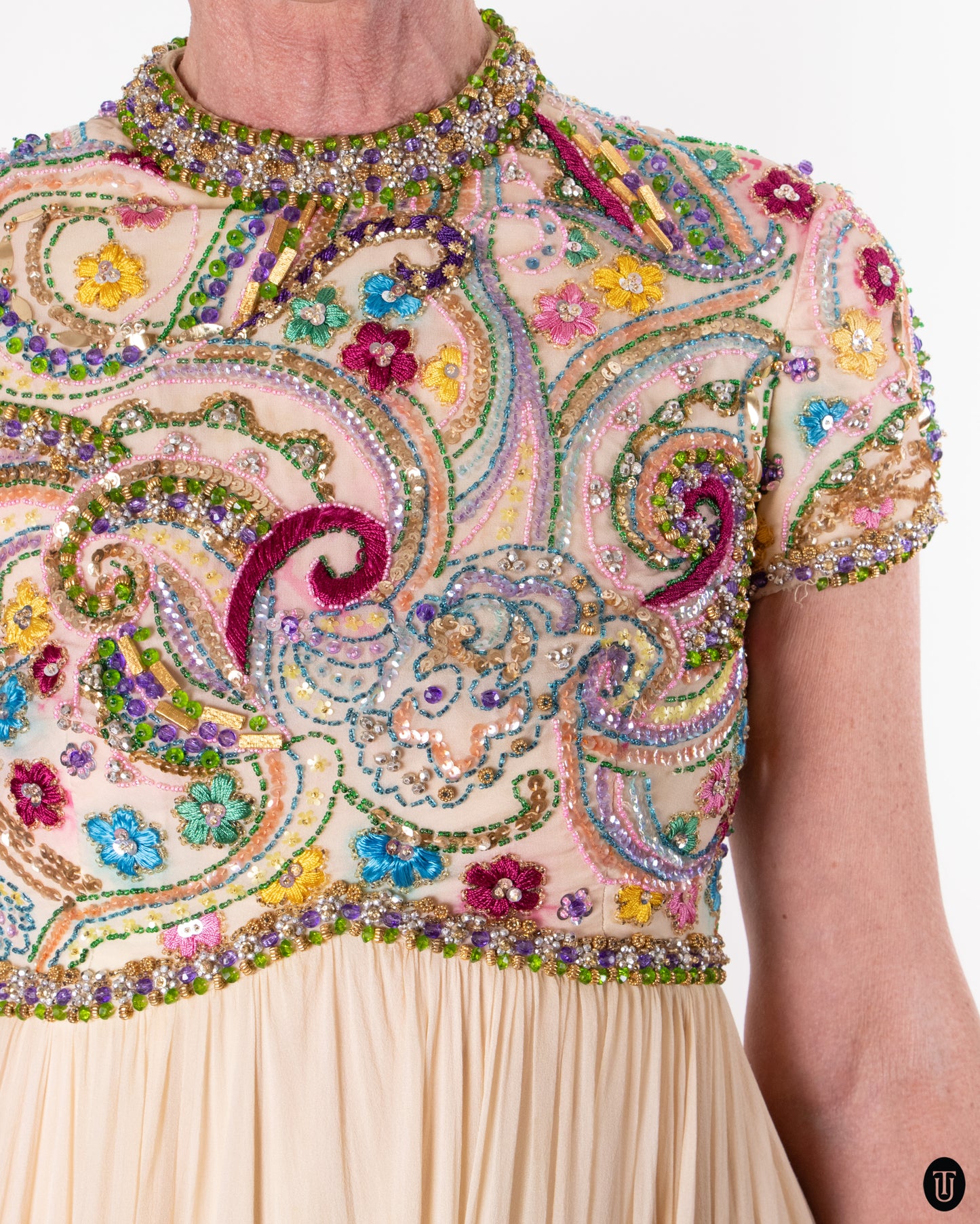 60's Embellished Silk Dress M