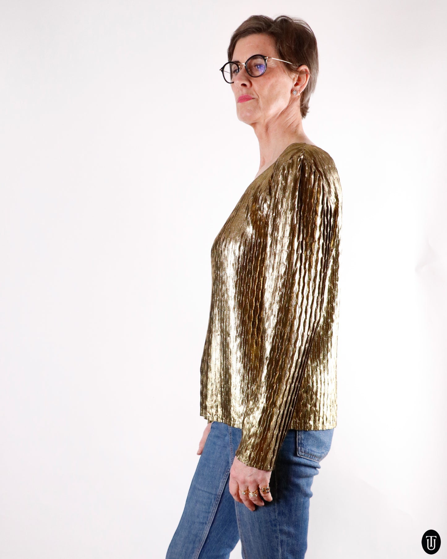 80's Yves Saint Laurent Gold Metallic Pleated Top M