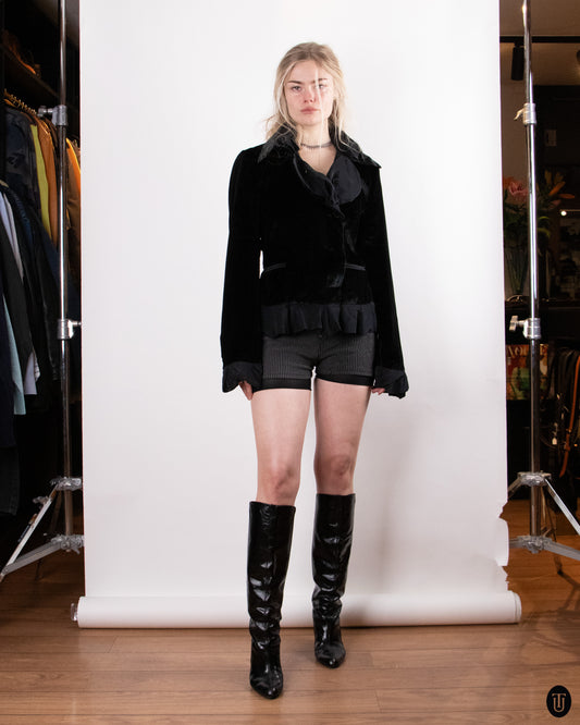 80's Yves Saint Laurent Rive Gauche Velvet Ruffled Blazer L