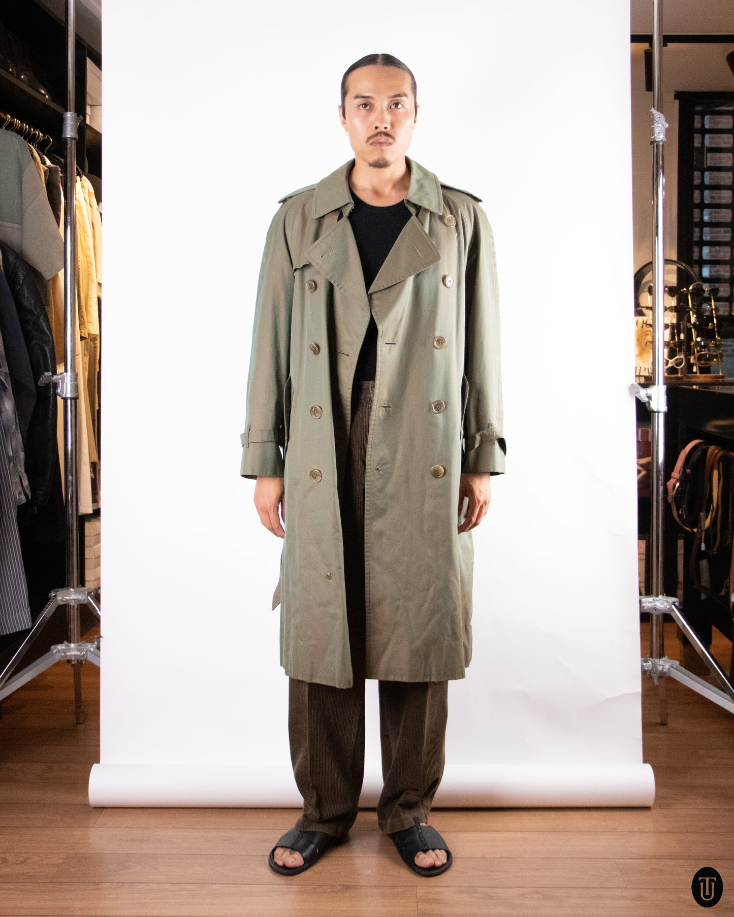 70's Burberry Khaki Sheen Trench Coat S