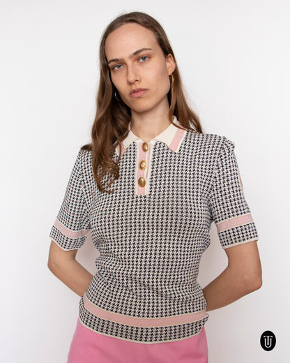 80's Vintage Christian Dior Houndstooth Lurex Knit Polo S