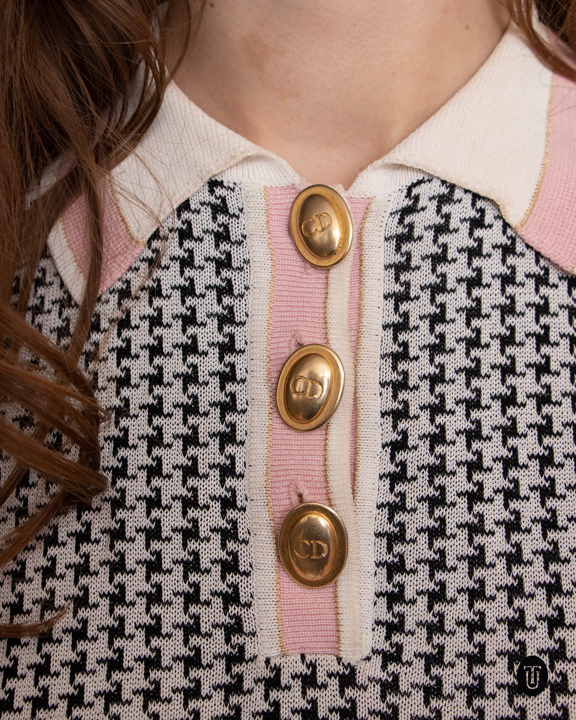 80's Vintage Christian Dior Houndstooth Lurex Knit Polo S