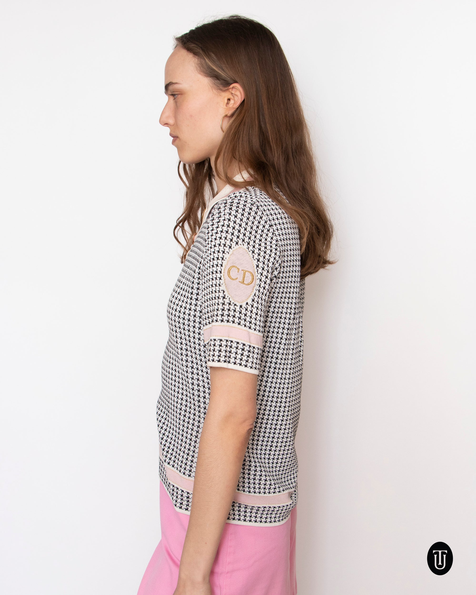 80's Vintage Christian Dior Houndstooth Lurex Knit Polo S