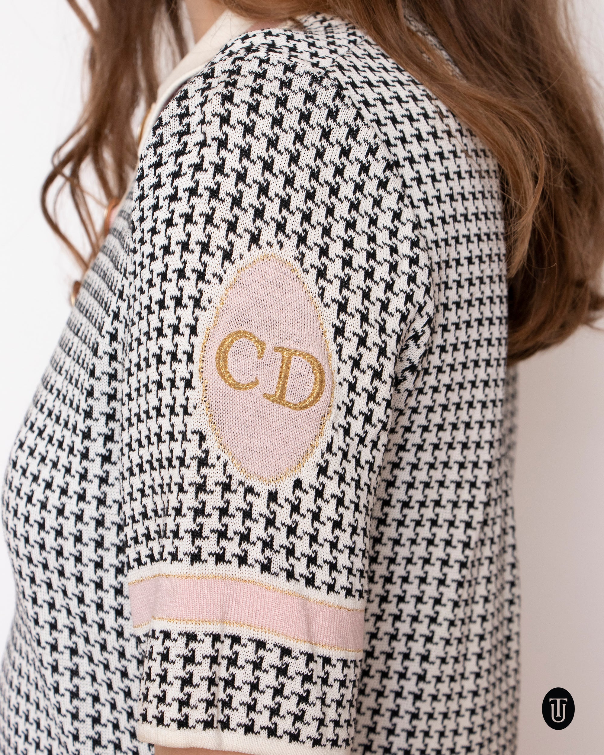 80's Vintage Christian Dior Houndstooth Lurex Knit Polo S