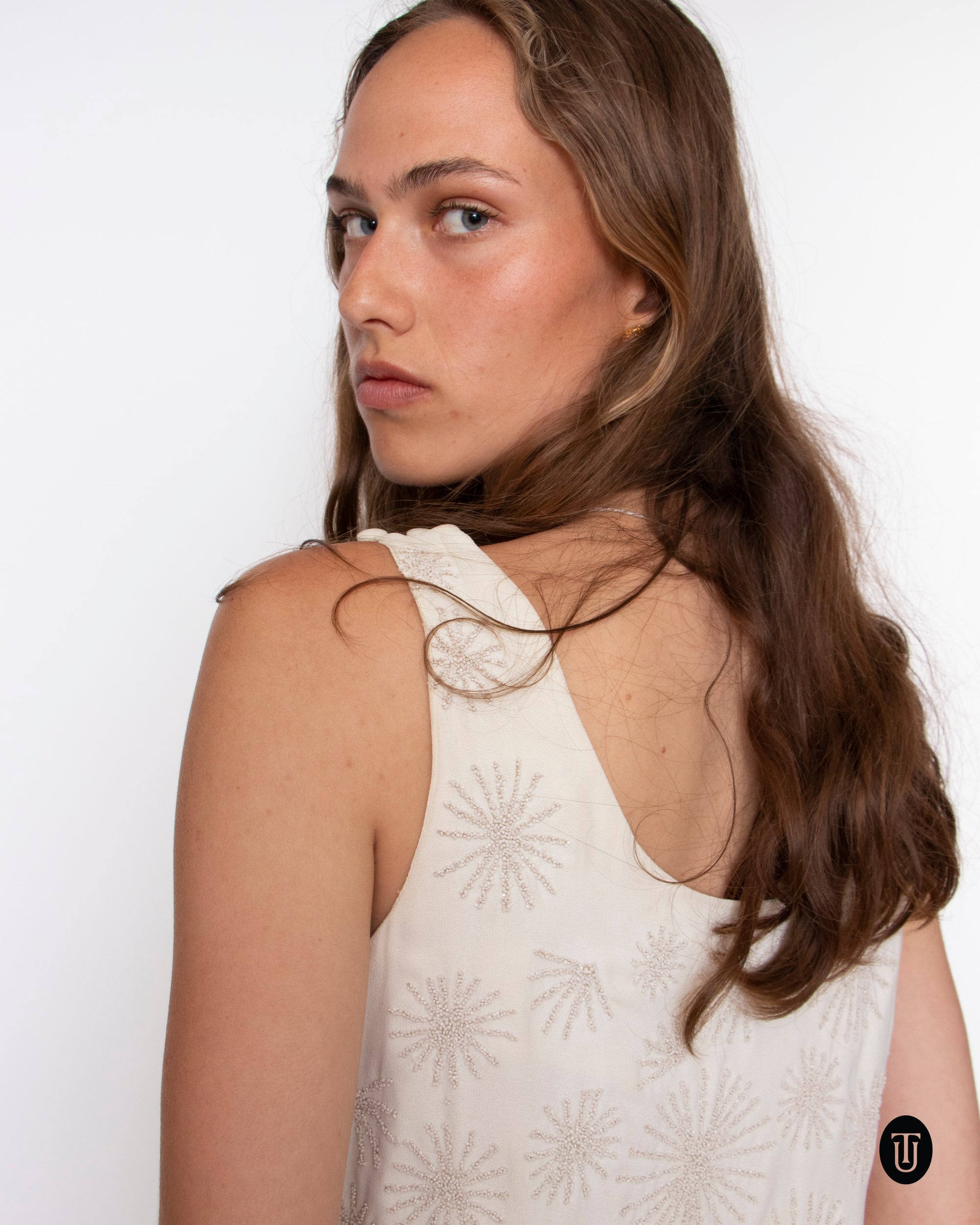 60's White Embroidered Mini Dress S