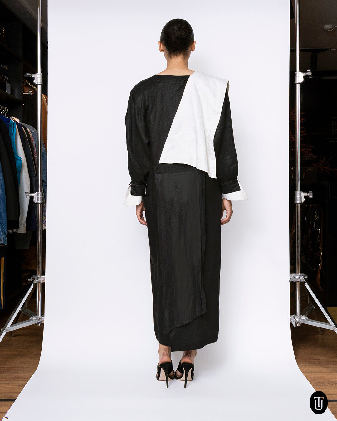 80s Claude Montana Black and White Linen Dress M
