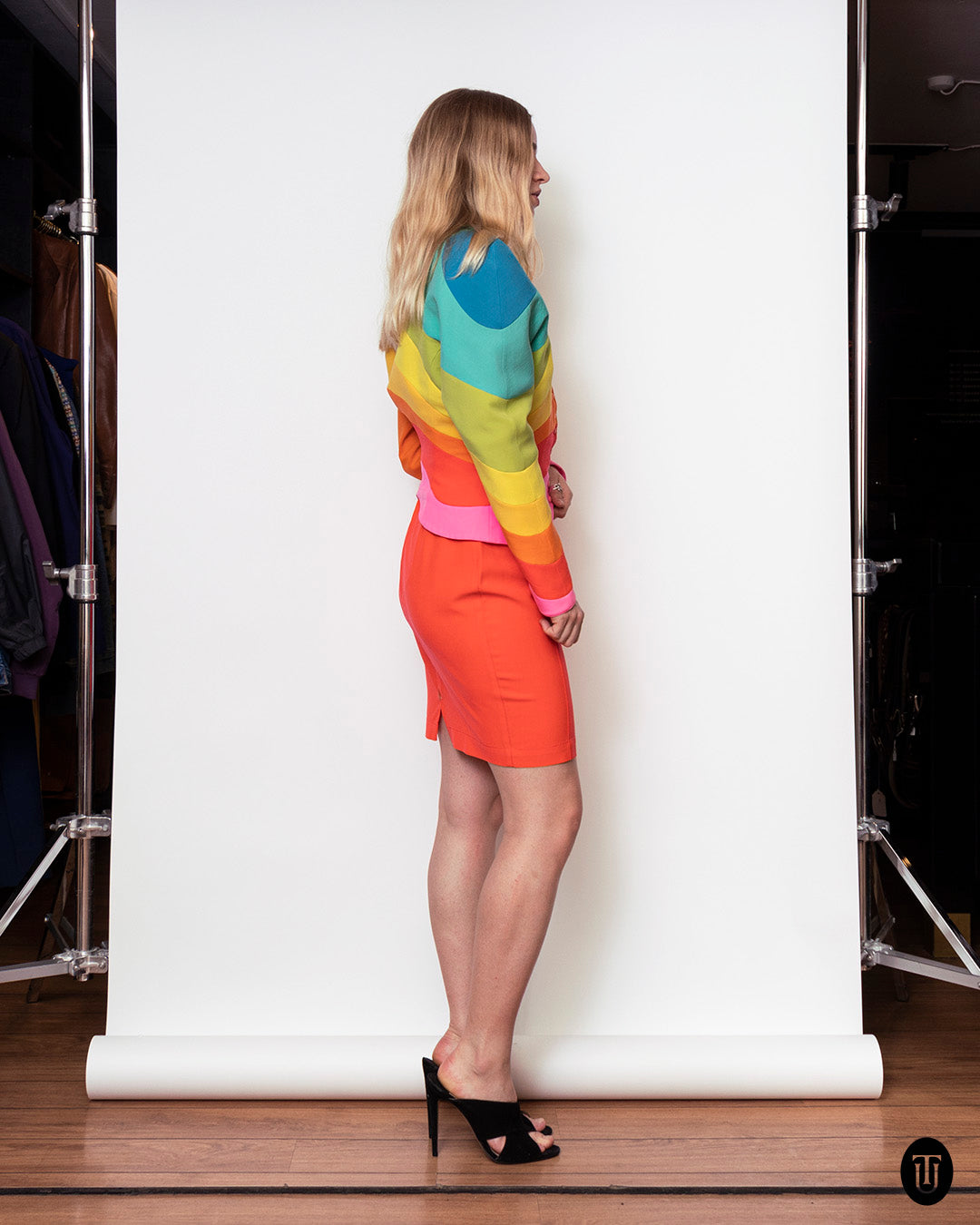 An iconic 90s Thierry Mugler Rainbow suit S
