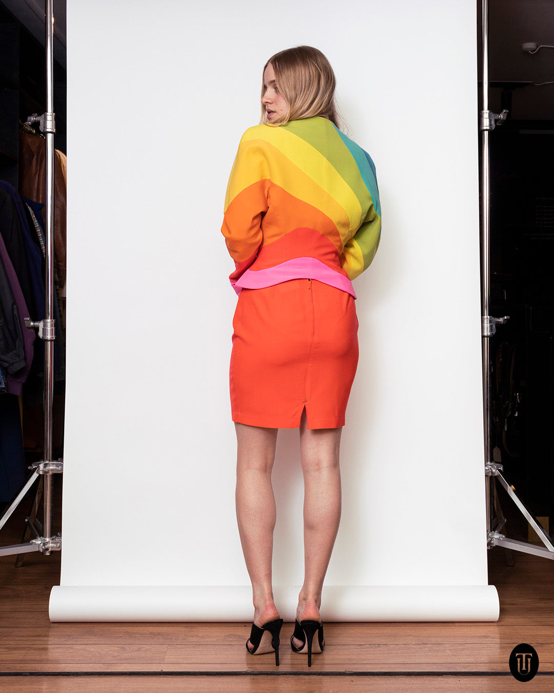 An iconic 90s Thierry Mugler Rainbow suit S