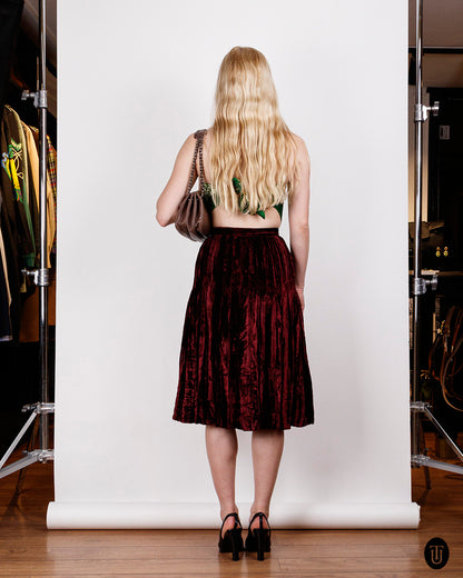 1980s Yves Saint Laurent Rive Gauche Pleated Burgundy Velvet Skirt XS
